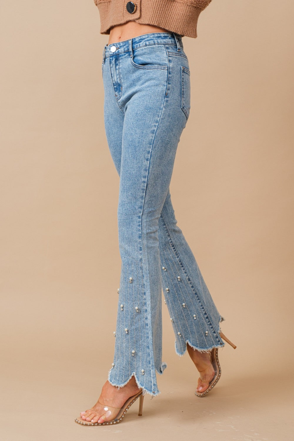 High waist rhinestone jeans